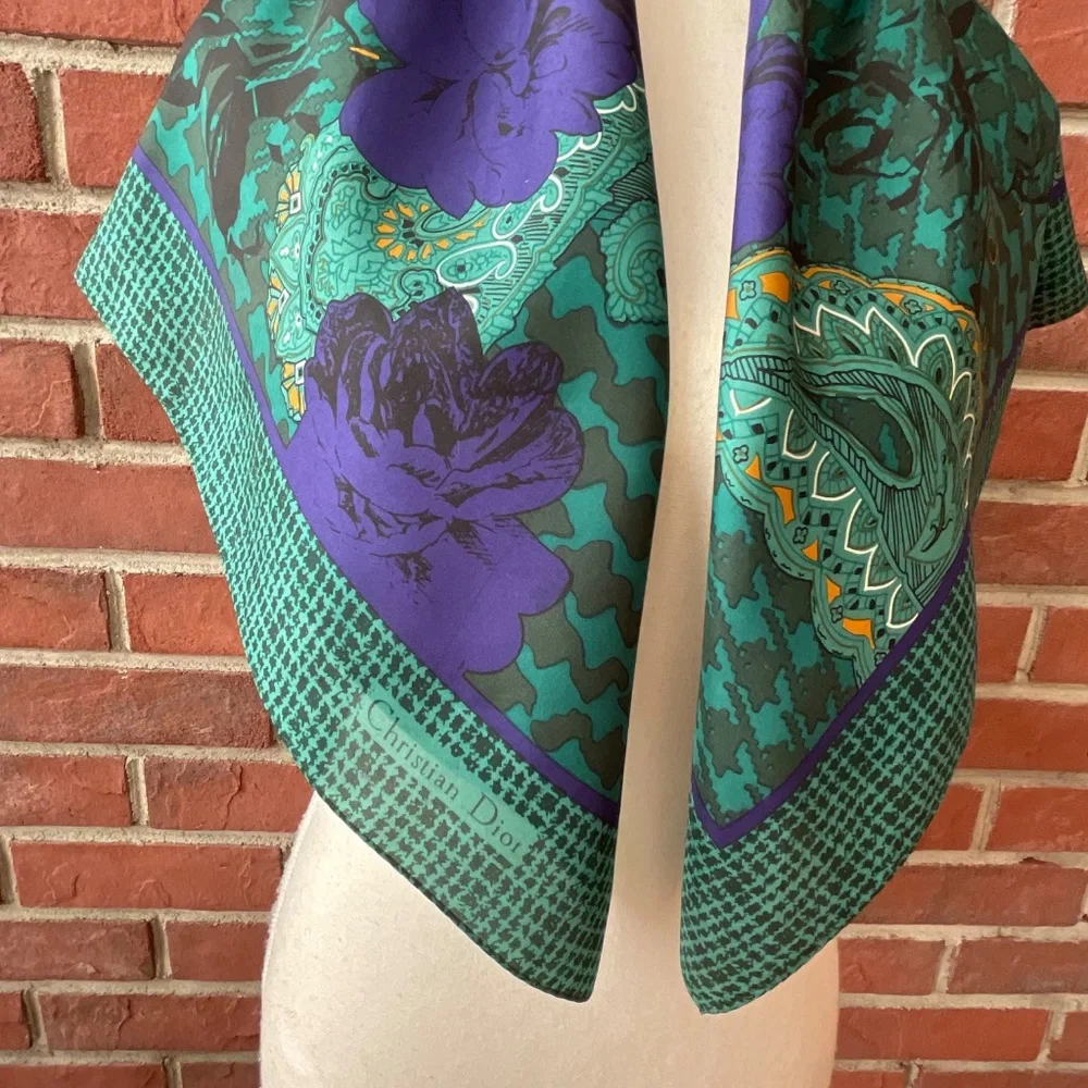 Christian Dior Echarpes 100% Silk Green Purple Floral Signed Scarf Vintage30”x31